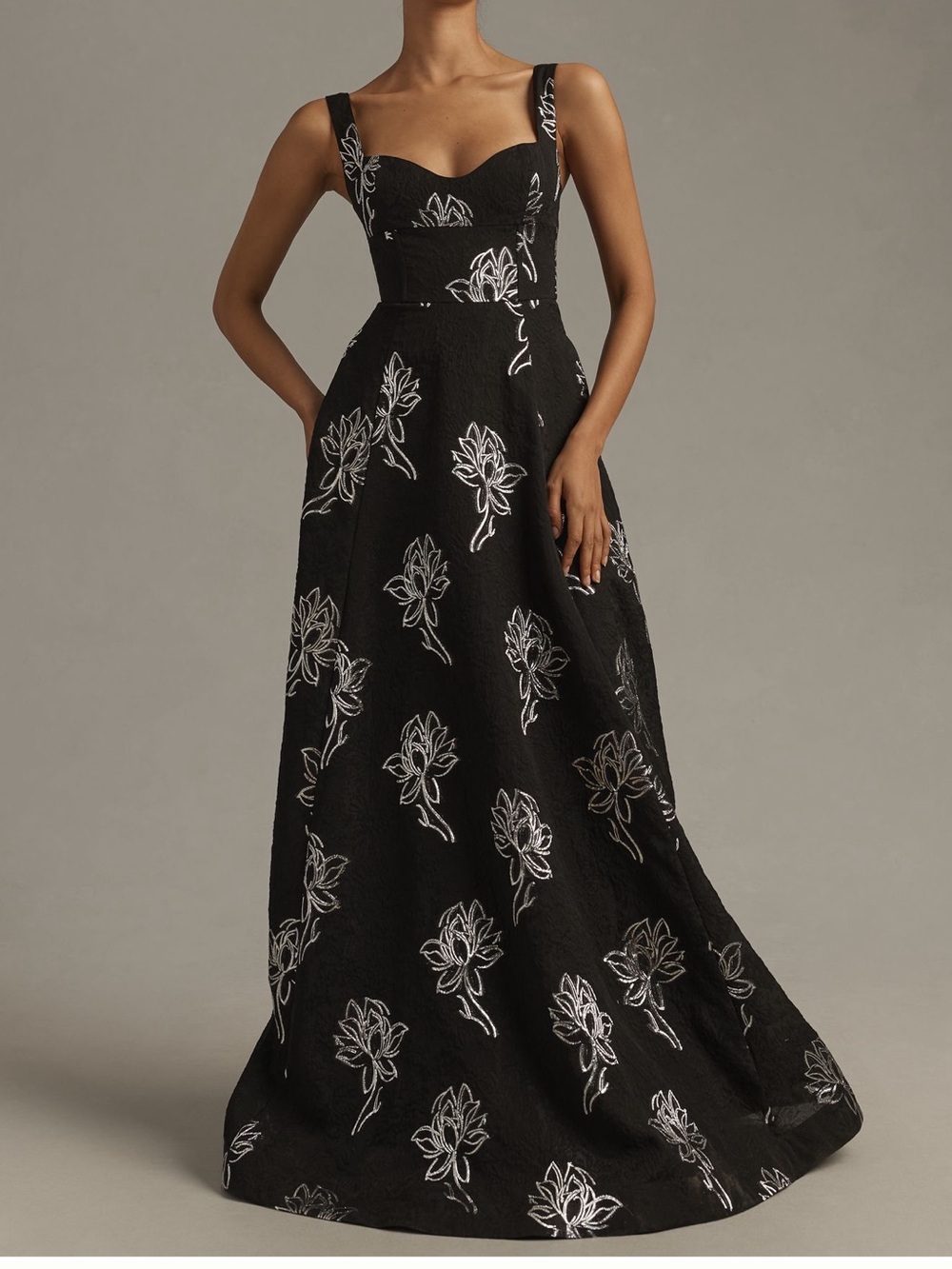 Monique Lhuillier Thalia Floral Jacquard A-Line Gown Black Silver Size 4